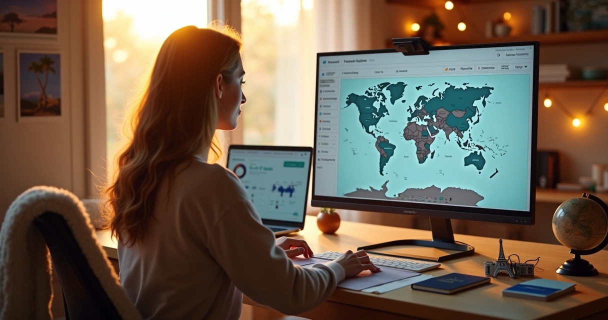 Criadora de conteúdo de viagens analisa painel de afiliados sobre mapa-múndi aberto 