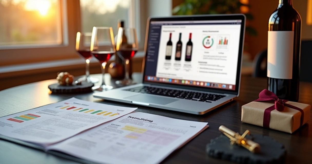 Mesa elegante com laptop, taças de vinho e materiais de marketing digital 