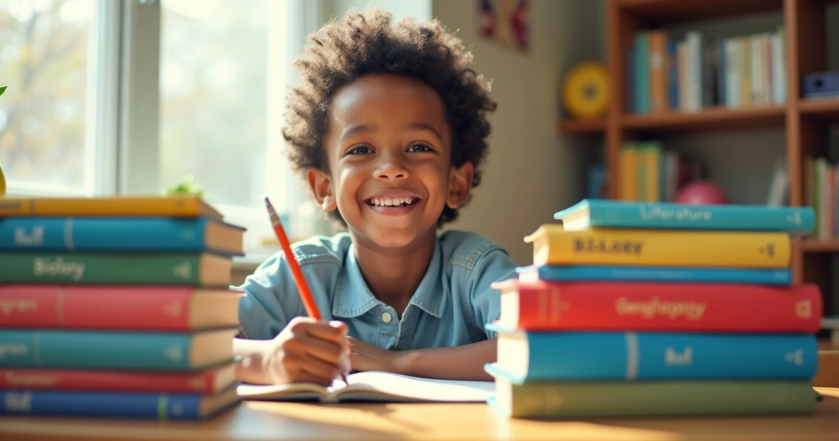 Jovem estudante cercado por livros de diferentes áreas do conhecimento, sorrindo enquanto faz anotações 