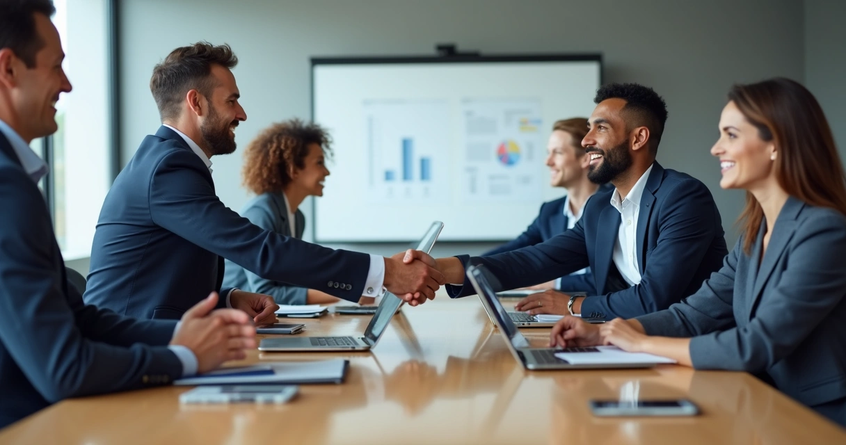 Dois times empresariais sorrindo e apertando as mãos após uma reunião