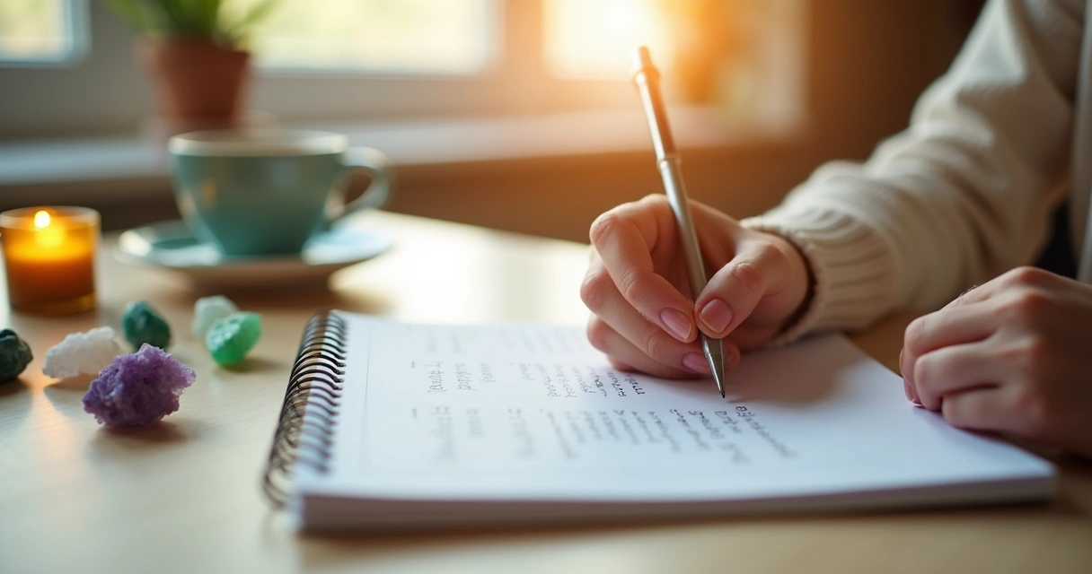 Mulher escrevendo afirmações em diário ao lado de cristais