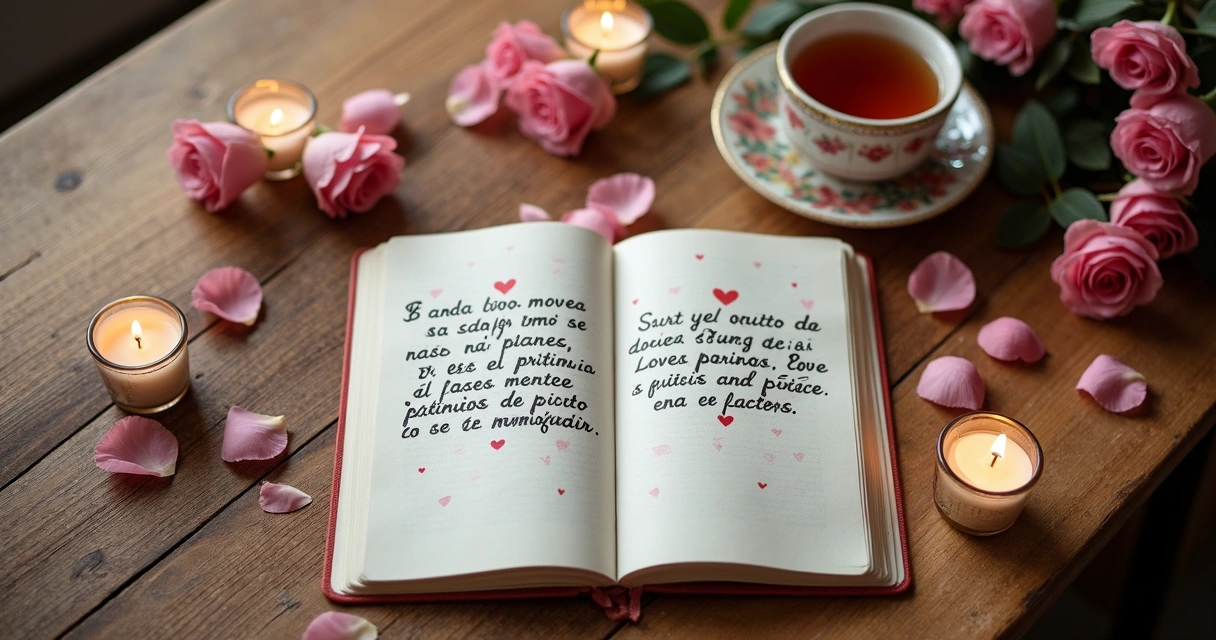 Mesa de madeira com bloco de notas escrito afirmações, fundo com velas e pétalas 