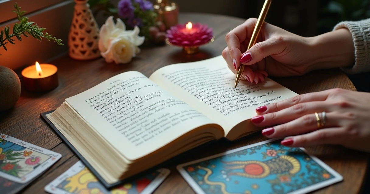 Baralho de tarot, um caderno aberto com frases escritas e mãos femininas segurando uma caneta 