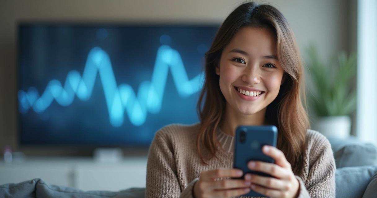 Pessoa sorrindo segurando celular com gráfico neural crescente ao fundo 