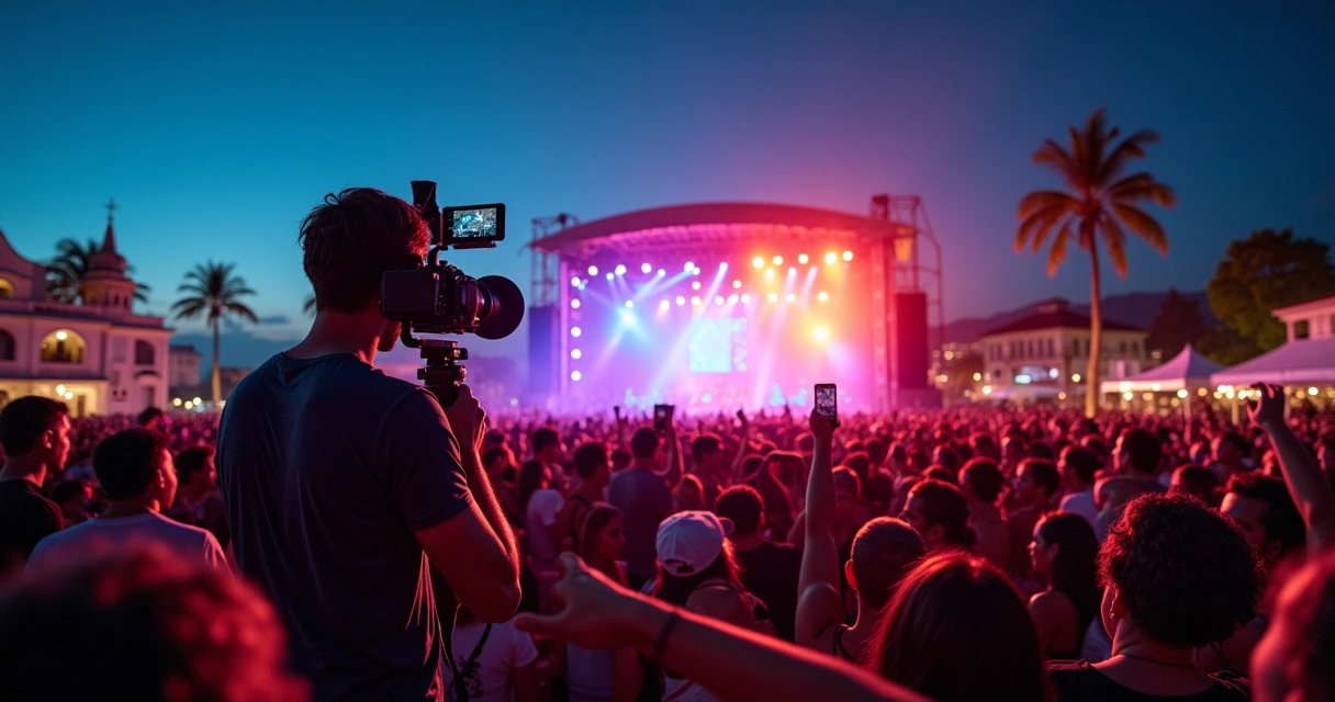 Filmagem de aftermovie em grande evento noturno na Bahia com público animado e luzes coloridas 