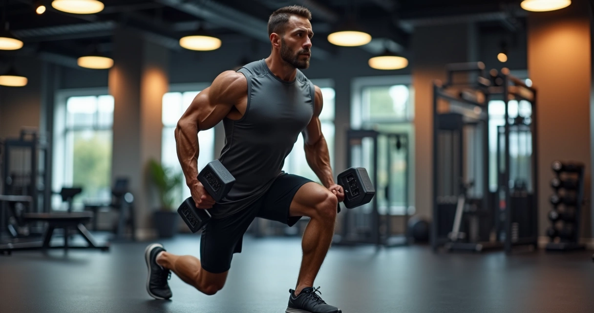 Pessoa fazendo afundo com halteres em academia moderna 