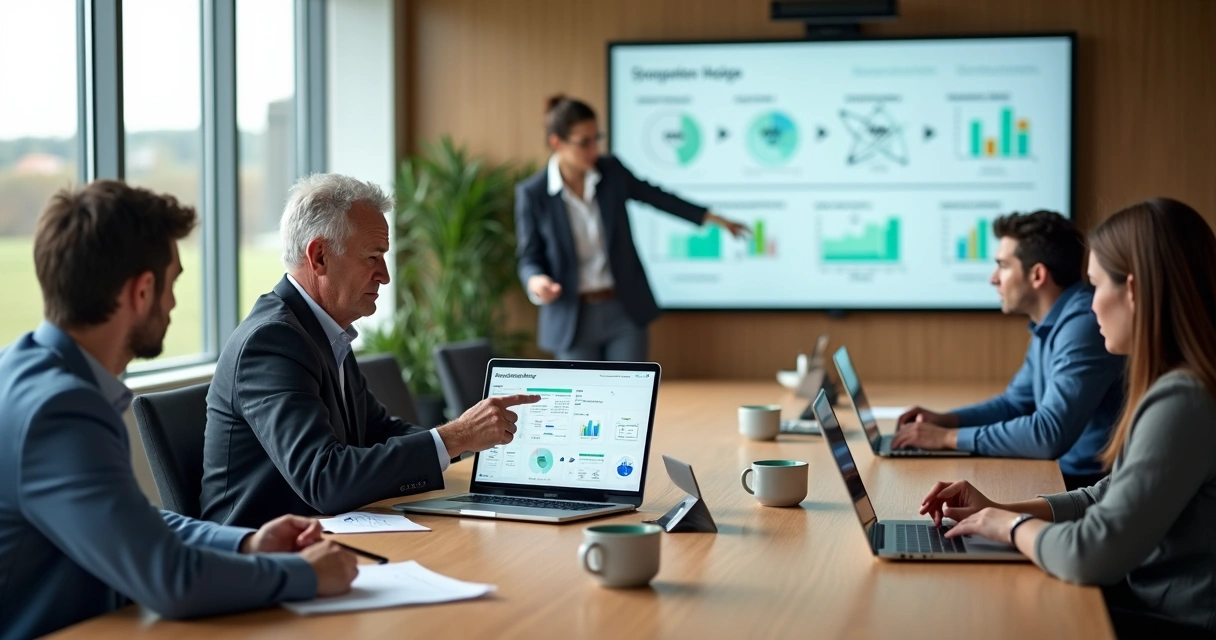 Agribusiness CFO in meeting room learning hedge technology with team and trainer 