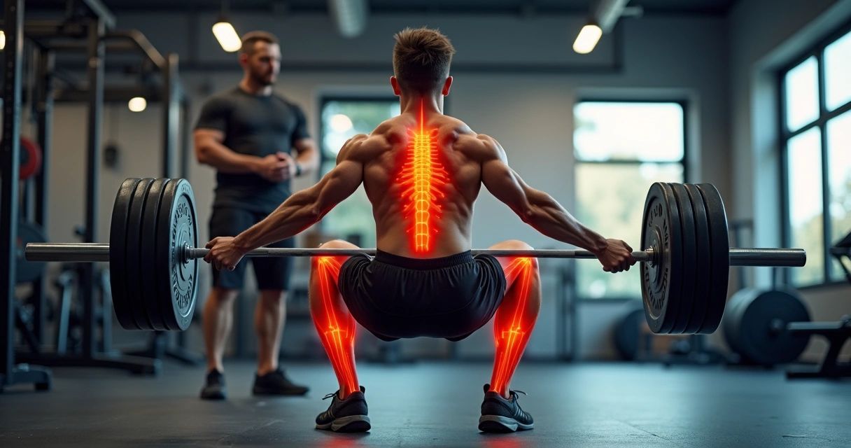 Pessoa ajustando postura durante agachamento com barra em academia 