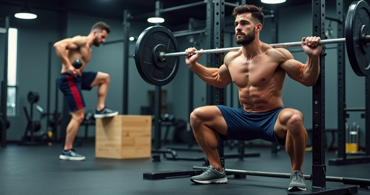 Treinando pernas com agachamento livre e step-up em academia moderna 