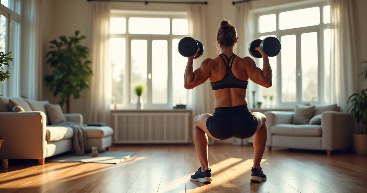 Pessoa fazendo agachamento com halteres em sala ampla, postura correta 