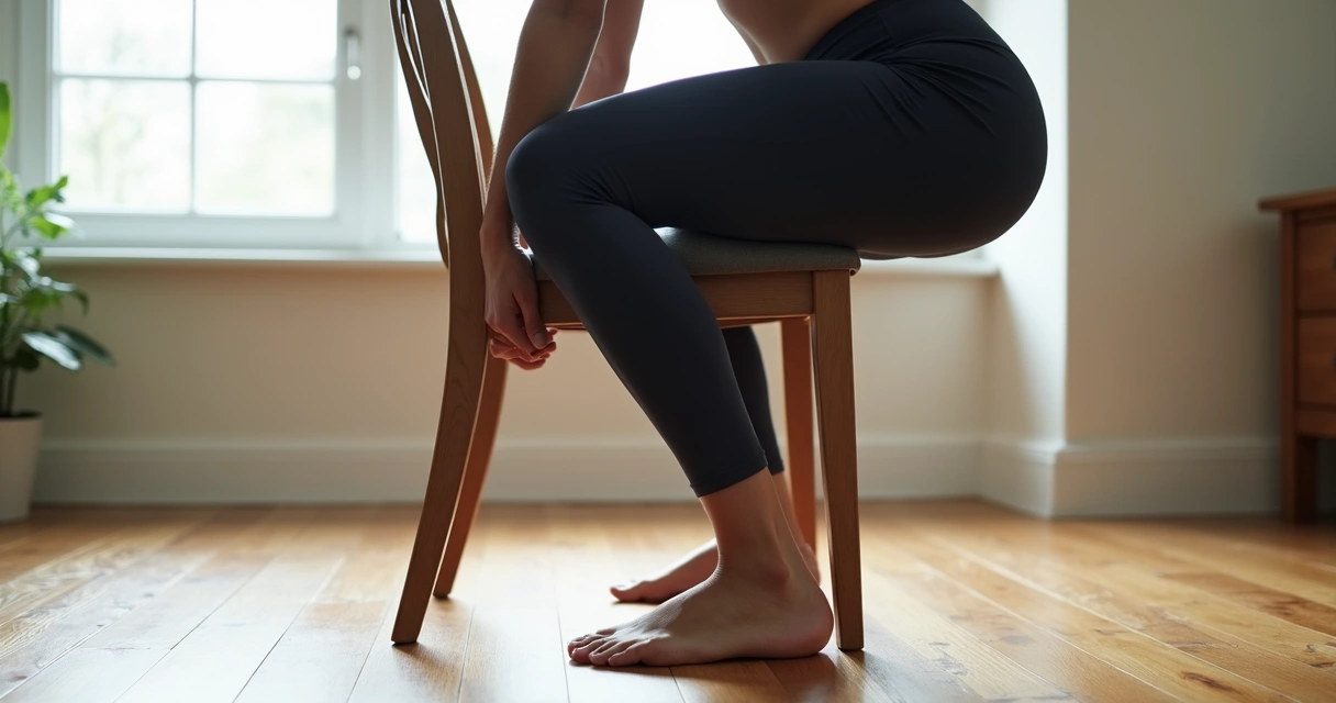 Pessoa fazendo agachamento profundo com apoio de cadeira. 