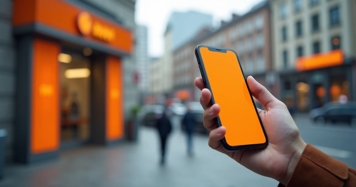 Pessoa usando app bancário e agência ao fundo 