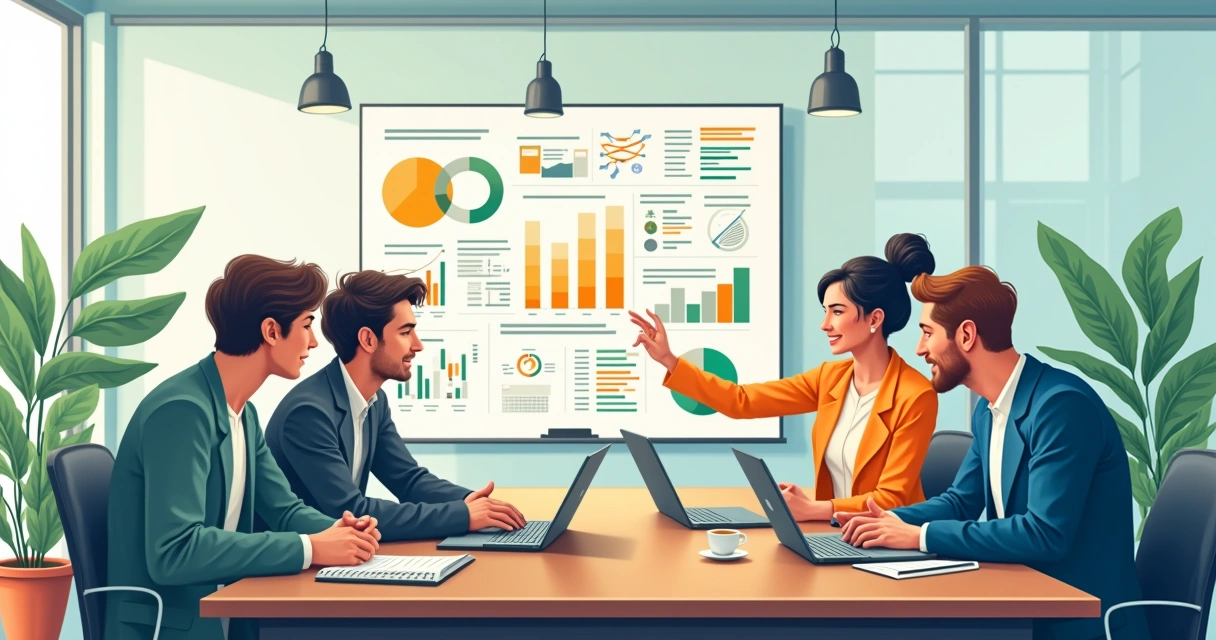Ambiente de escritório com equipe diversificada em reunião, displays de gráficos e anotações no quadro.