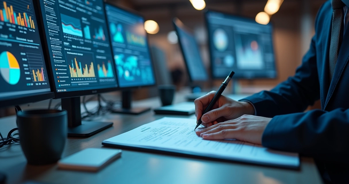 Profissional em escritório com múltiplas telas mostrando dashboards de anúncios e relatórios automáticos na tela 