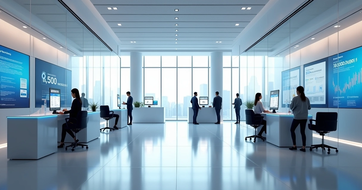Interior de agência bancária moderna com atendimento e telas digitais 