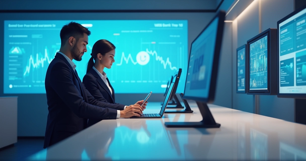 Agência bancária moderna com atendentes usando tablets 