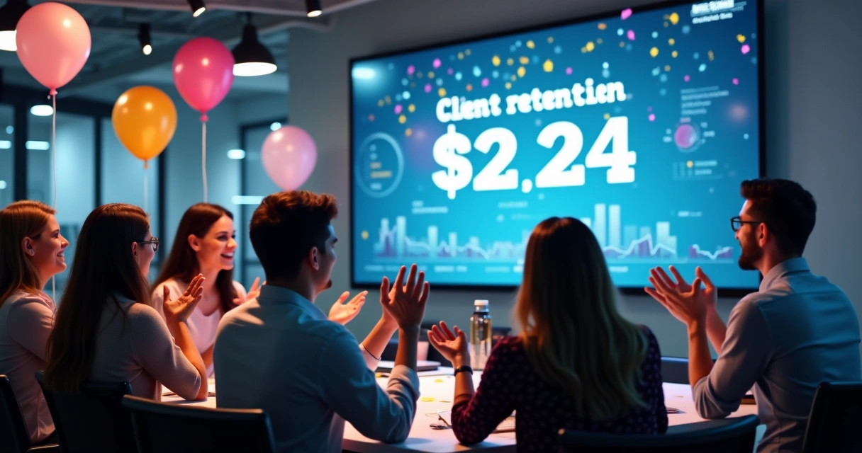 Time de agência de marketing digital celebrando retenção de clientes em um ambiente moderno. 