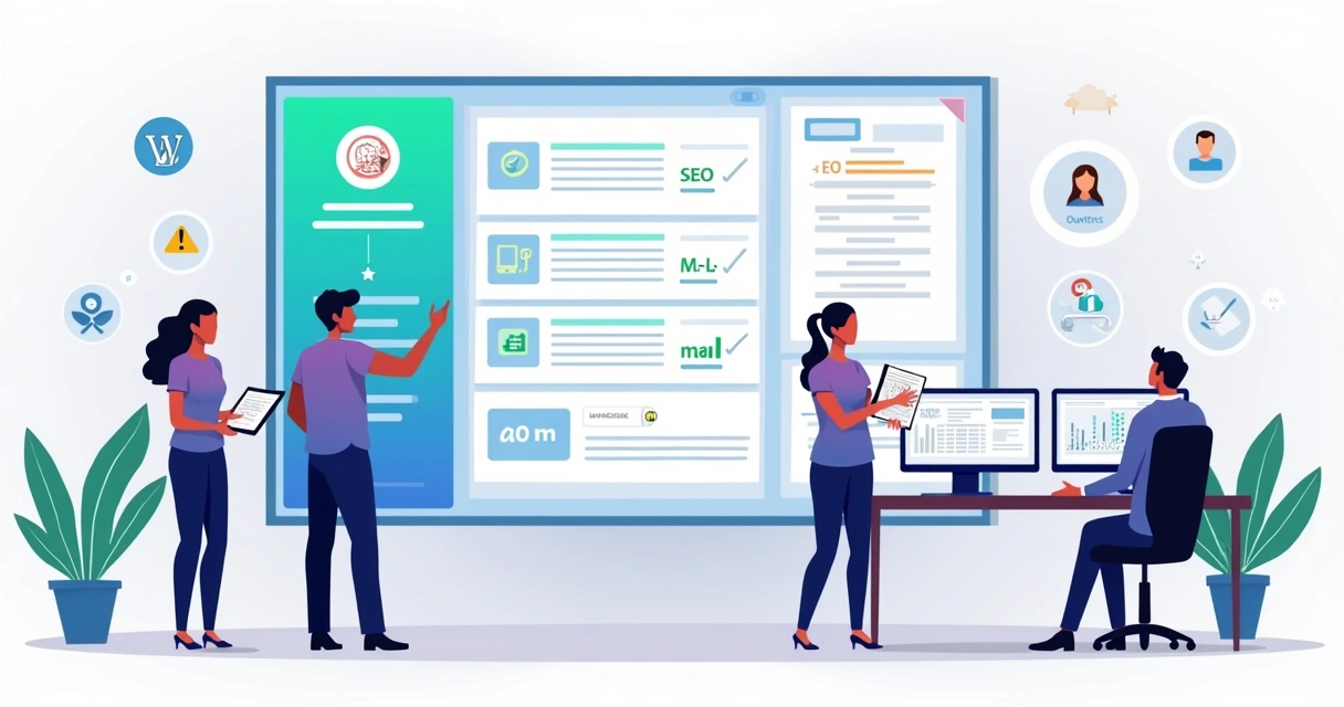 Equipe de agência avaliando comparação visual entre construtores de páginas em painel digital 