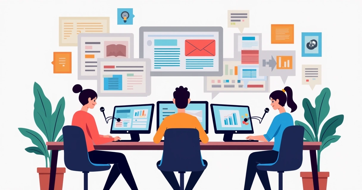 Equipe de agência produzindo conteúdo digital em múltiplos formatos, com telas e gráficos. 