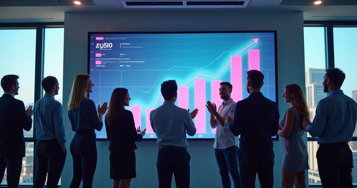 Gráfico de crescimento digital com equipe comemorando ao fundo
