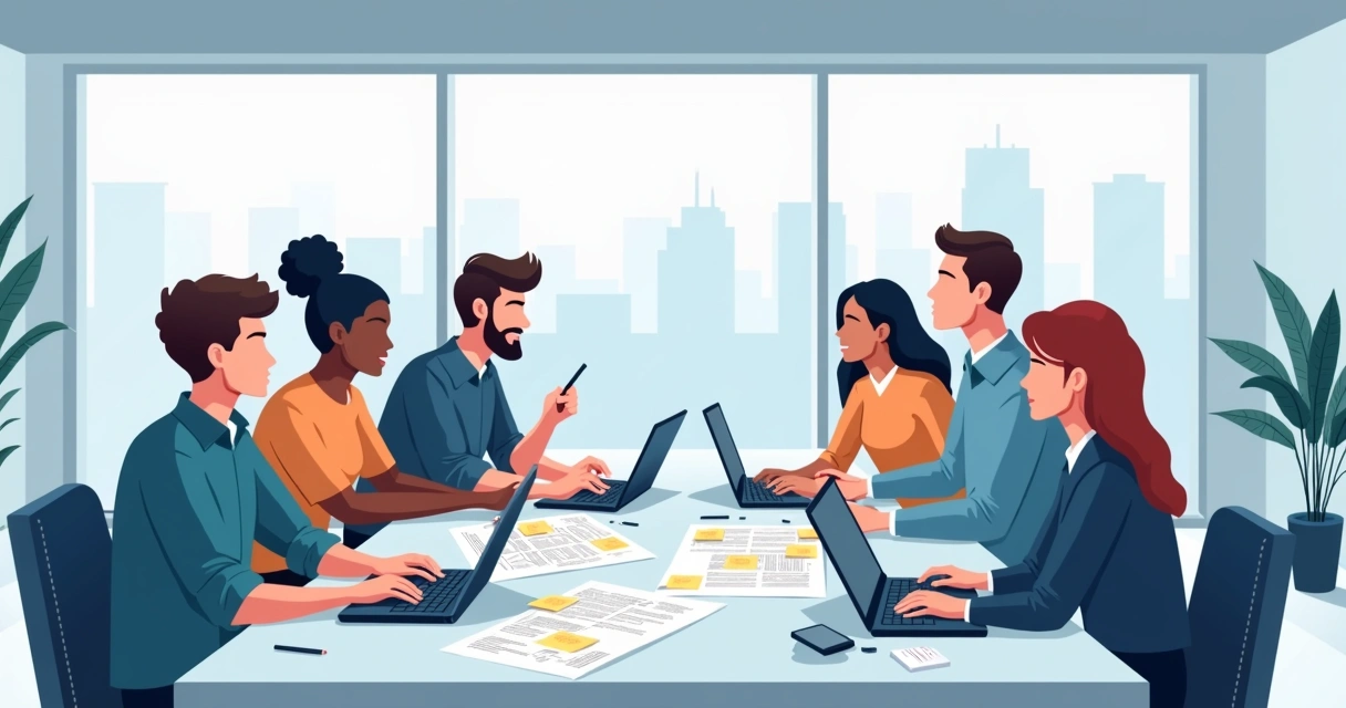 Reunião de equipe de agência planejando criação de site em mesa de escritório 