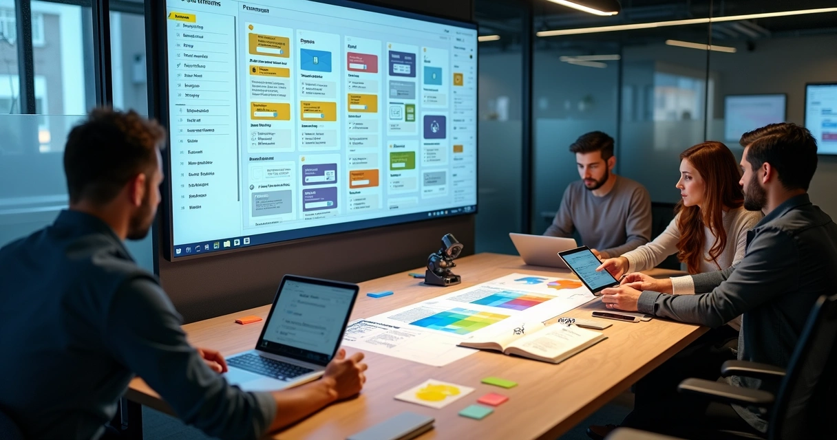 Equipe de criação de sites colaborando em frente a painel digital com layout em construção 