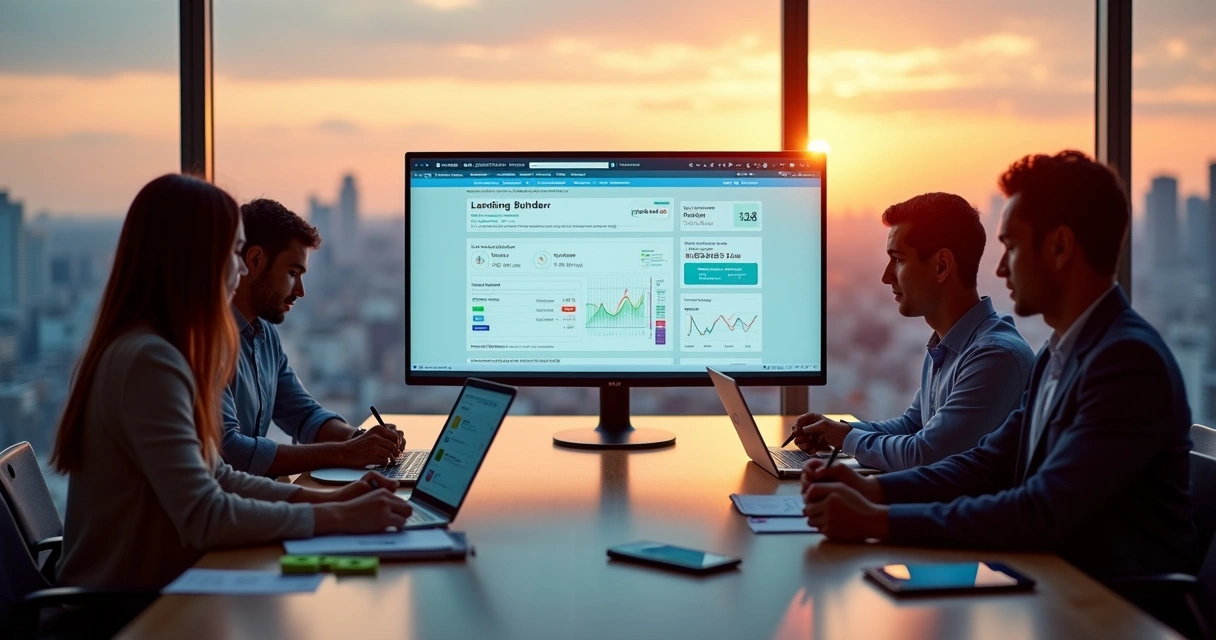 Equipe de agência colaborando em construtor de landing pages na mesma tela 
