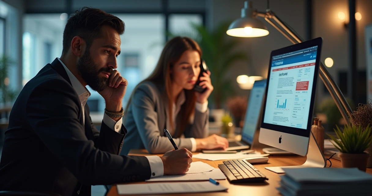 Agente de viagens ao telefone, anotando informações, cliente preocupado em segundo plano 