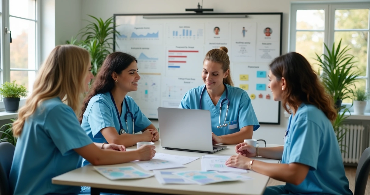 Equipe de cuidadores de idosos em reunião de trabalho em escritório moderno