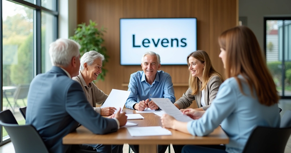 Sala de reunião moderna com consultora conversando com família sobre serviço de cuidador 