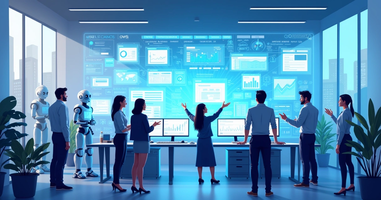 Equipe diversificada em um escritório moderno de agência de IA, utilizando tecnologia para atendimento e análise de dados.