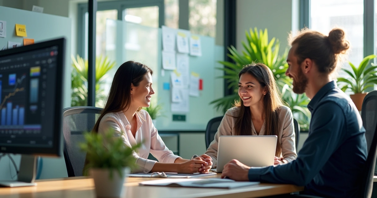 Equipe de agência de marketing em sala de reunião trabalhando em computadores 
