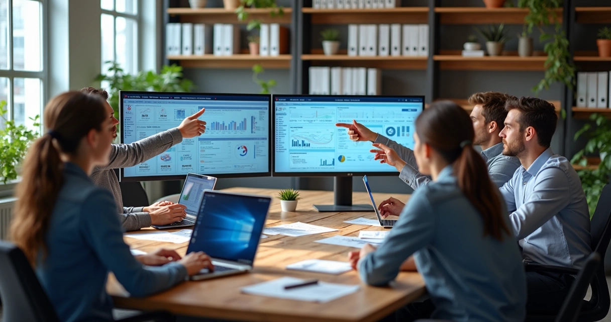 Mesa de escritório com computadores, papéis e pessoas trabalhando em processos digitais na agência