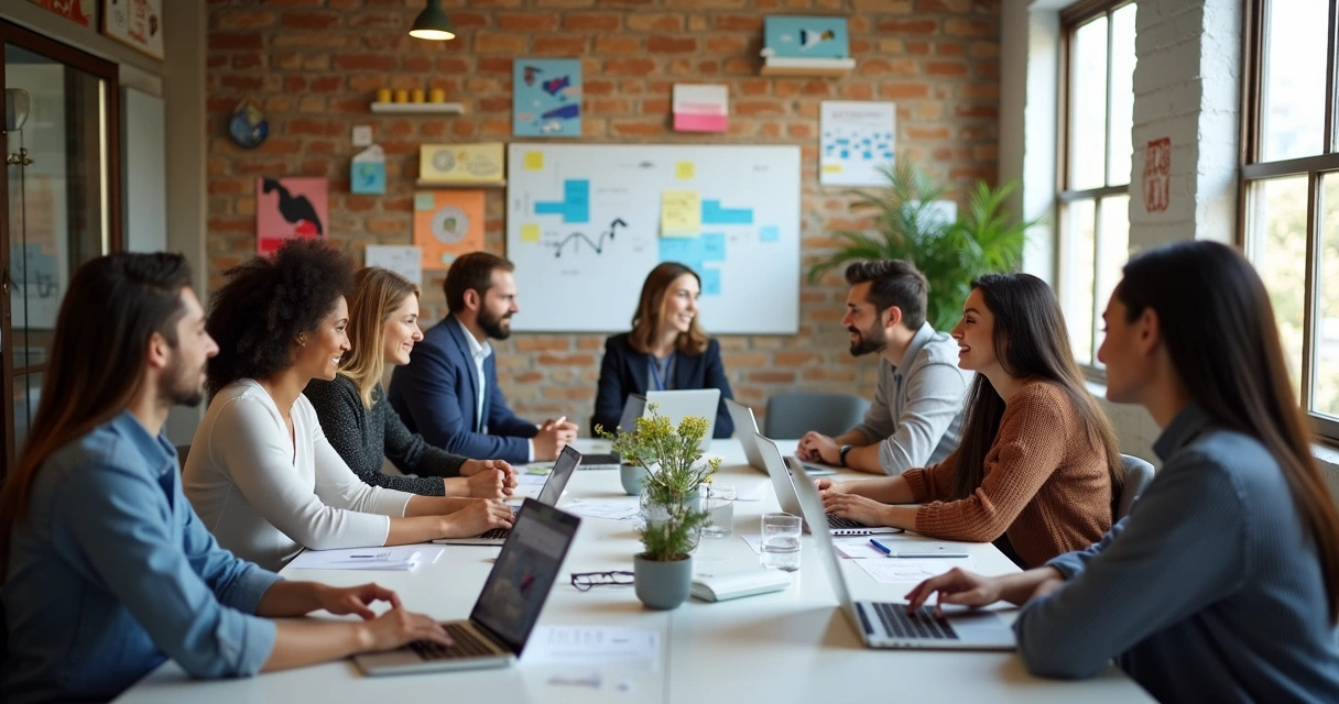Equipe de agência digital reunida em brainstorm 