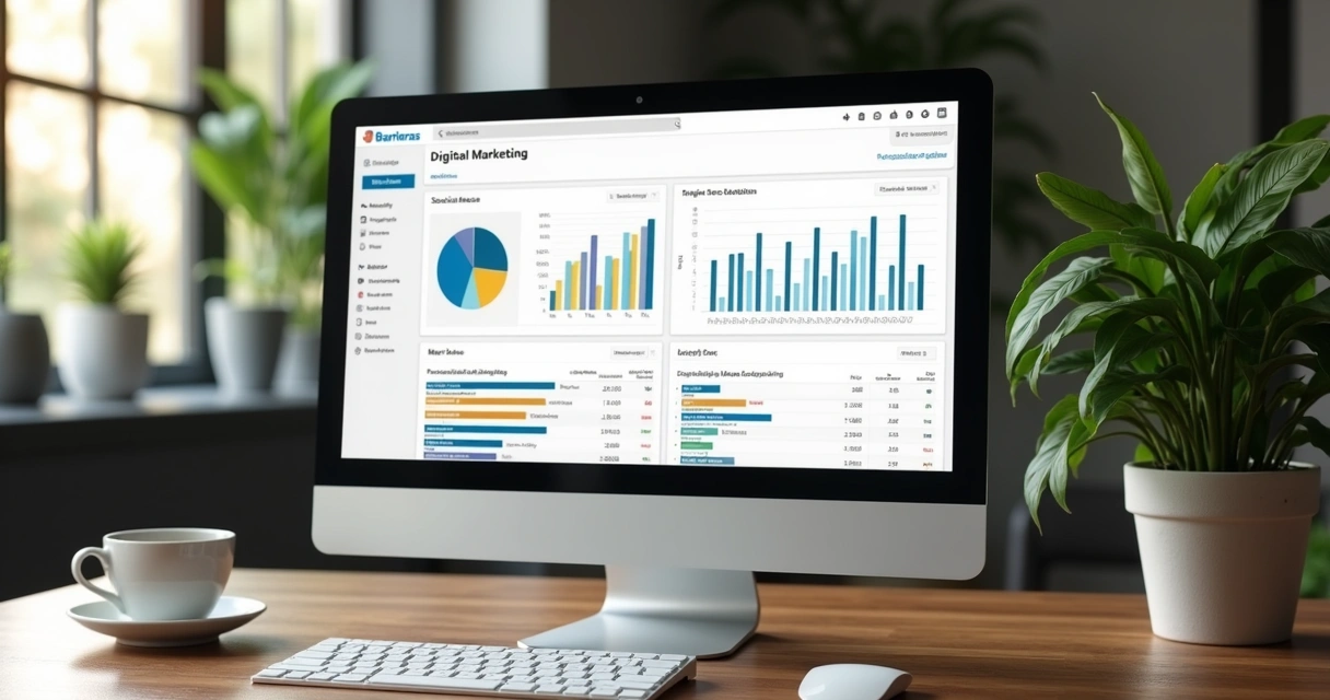 Computador mostrando painel de redes sociais com gráficos e analytics 