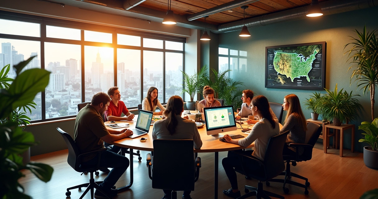 Equipe de agência digital trabalhando em computadores em escritório moderno 