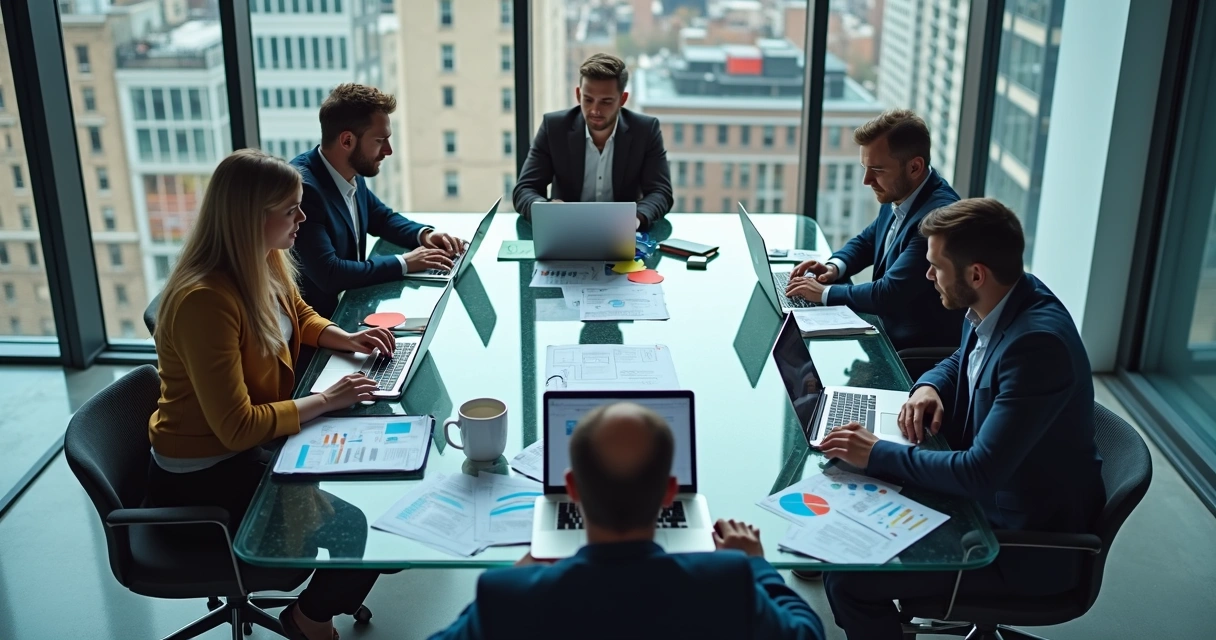 Equipe de agência digital reunida em sala de reuniões moderna 