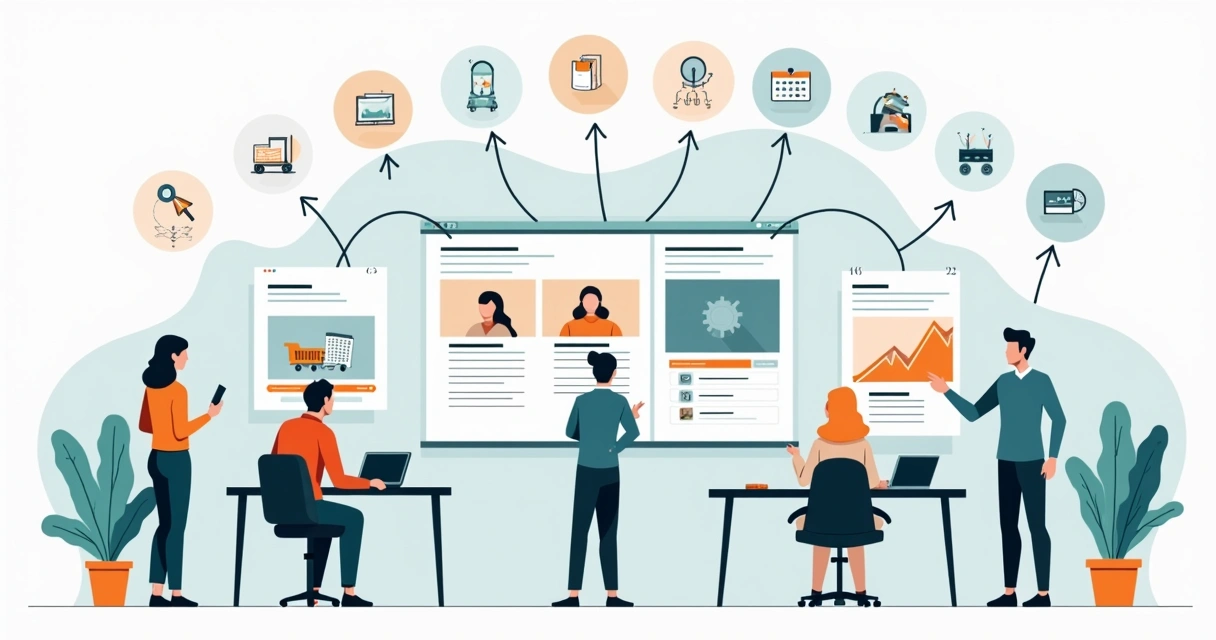 Equipe de agência digital analisando crescimento de sites no painel central 