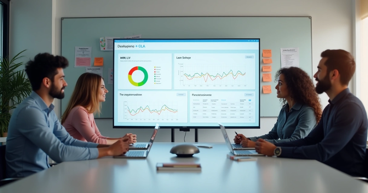 Equipe de agência digital reunida em sala de reunião analisando dados em um dashboard digital 
