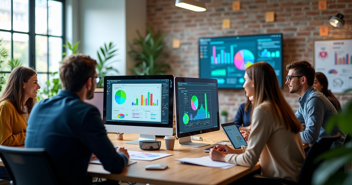 Agência digital moderna com equipe diversa reunida discutindo estratégias em escritório com telas de computadores mostrando gráficos e dados de marketing digital 