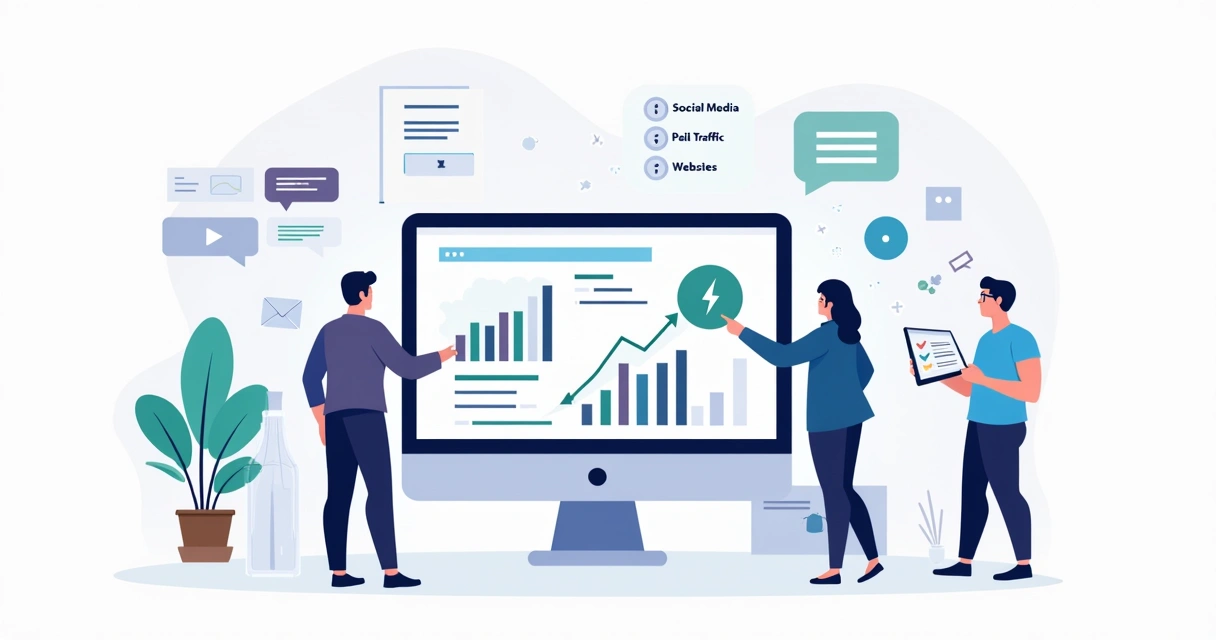 Equipe pequena em agência digital enxuta organizando projetos em ambiente minimalista 