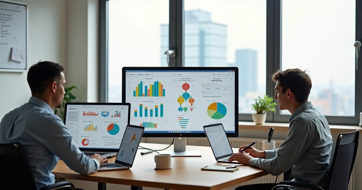 Equipe pequena em agência digital enxuta trabalhando em mesa compartilhada 