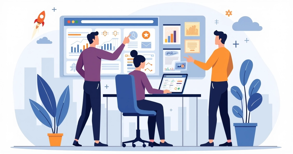 Equipe pequena planejando agência digital enxuta em um escritório moderno 