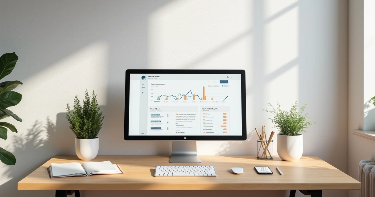 Escritório minimalista de agência digital enxuta com mesa organizada e apenas um computador e bloco de anotações 