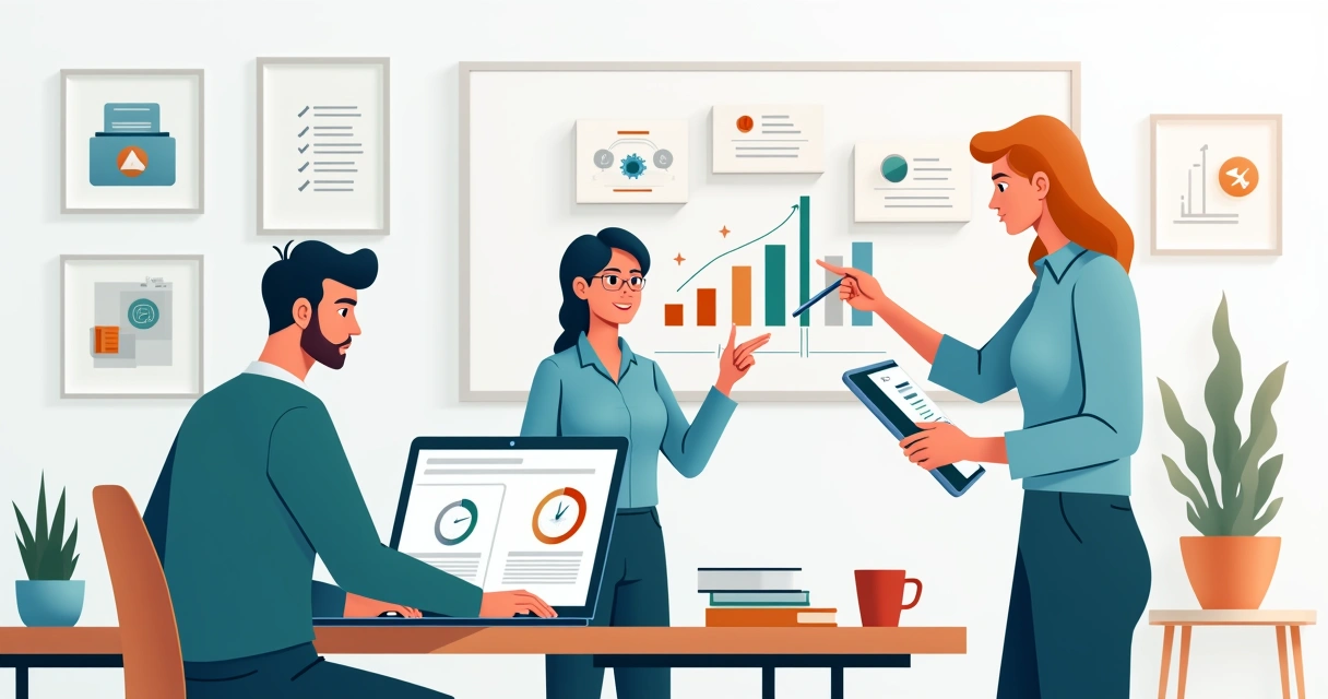 Equipe pequena em mesa organizada planejando agência digital enxuta 