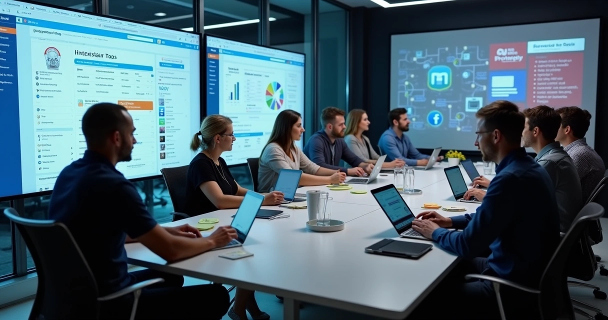Equipe de agência reunida gerenciando redes sociais em telas grandes