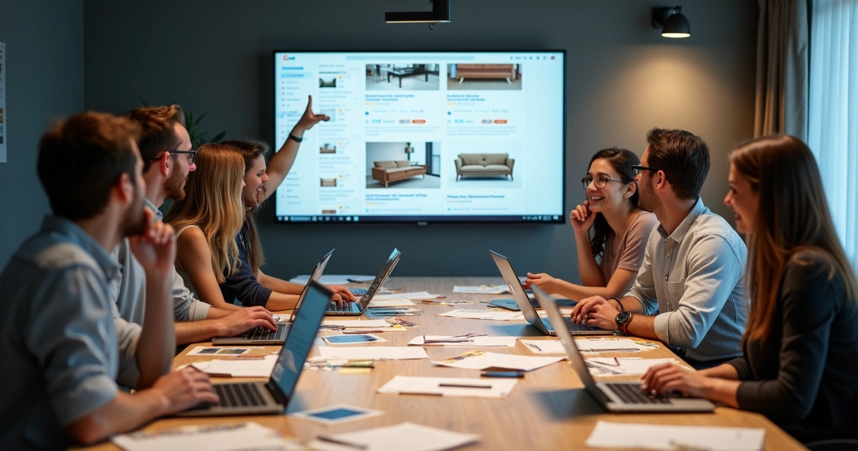 Equipe de agência de marketing em reunião analisando campanhas de móveis 