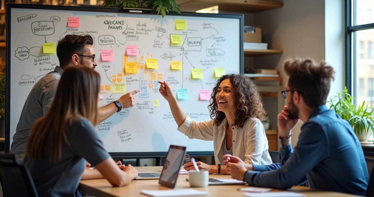 Equipe de agência digital reunida planejando ideias inovadoras 