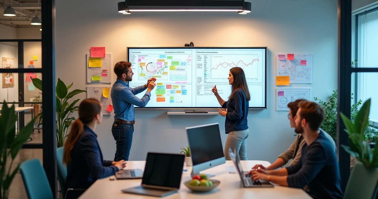 Sala de agência digital discutindo inovação em serviços com telas e gráficos 