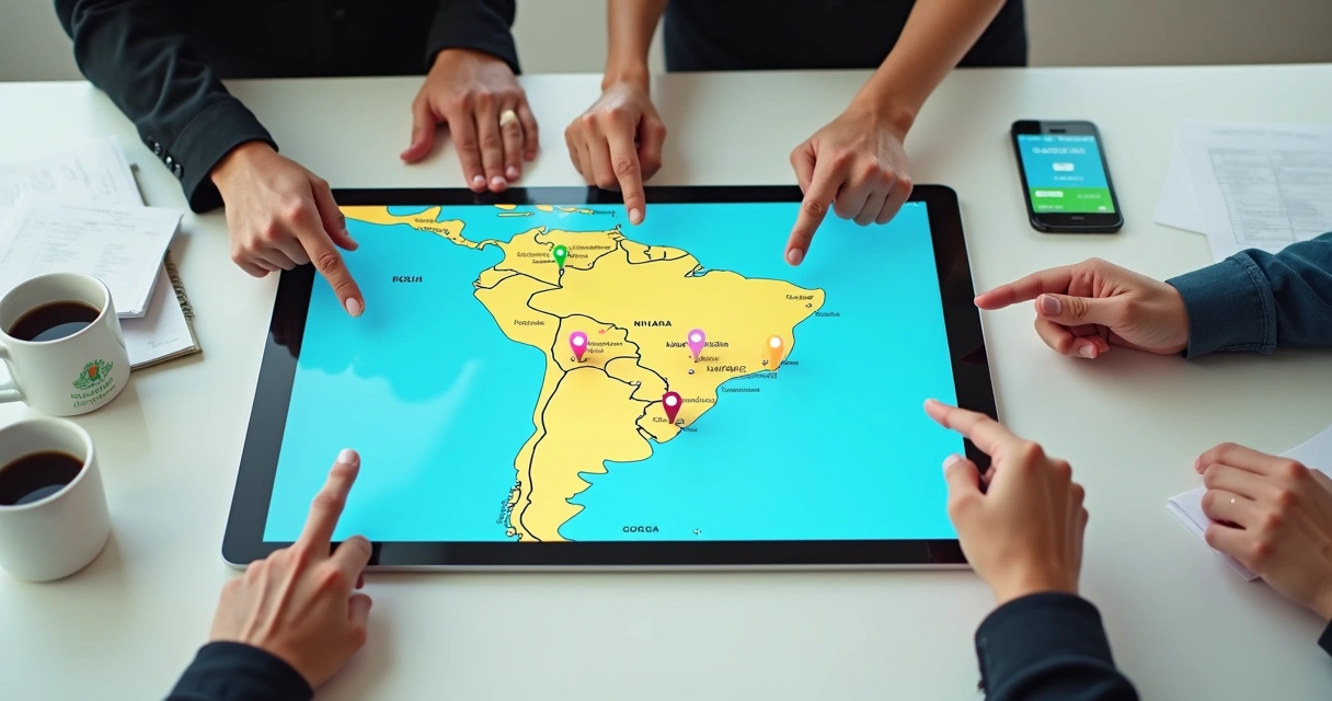 Mapa digital com pontos de destaque sobre localização de agências digitais pelo Brasil